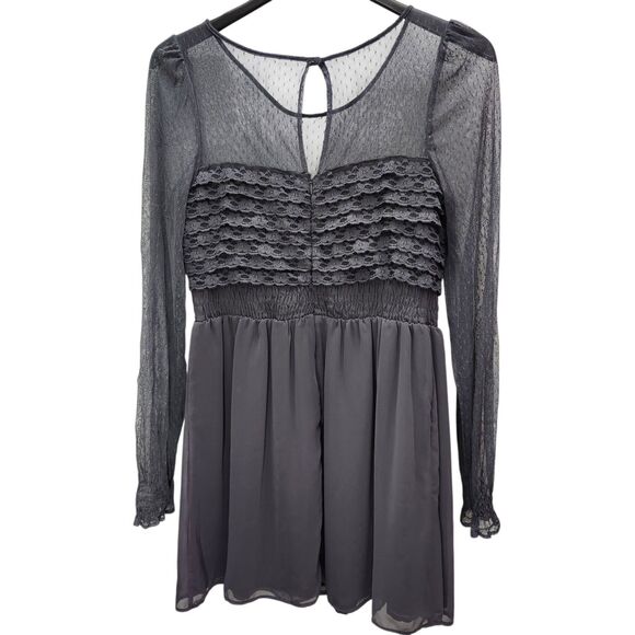 Free People Mini Dress Womens 8 Smocked Lace Chiffon Gray Lined Boho Chic - Picture 3 of 16